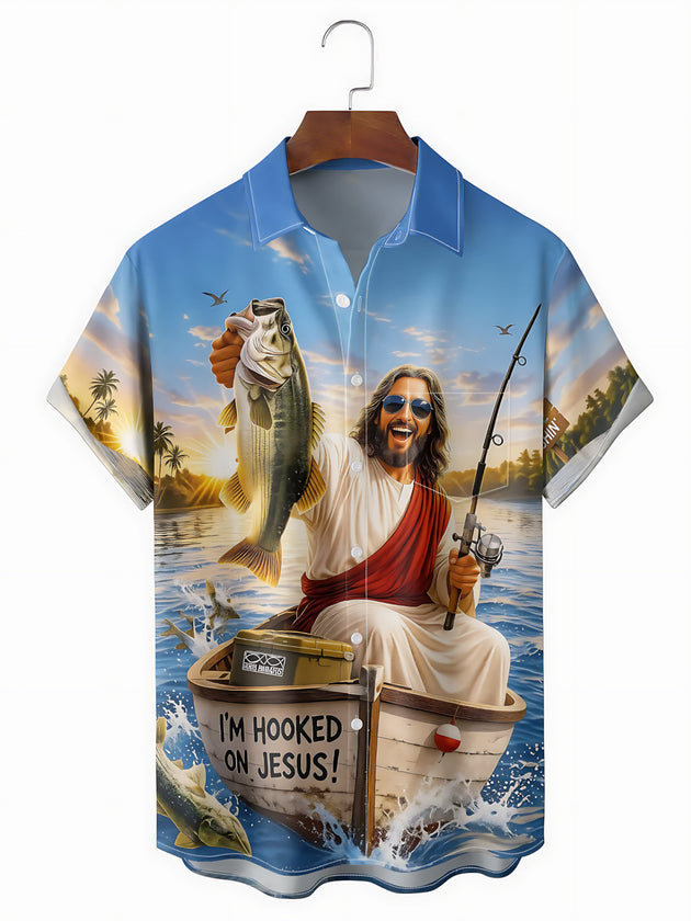 Christian Jesus Fishing Print Men's Pocket Short Sleeve Shirts