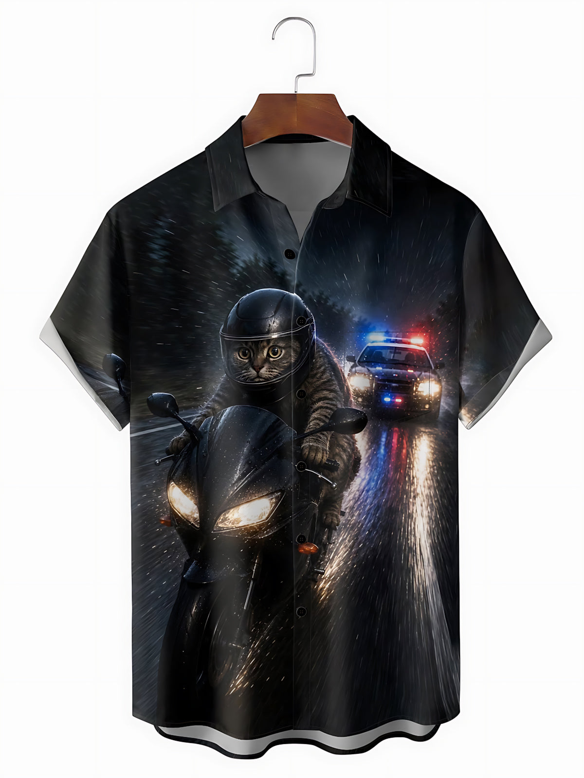 Cat Police Car Print Men's Pocket Short Sleeve Shirts