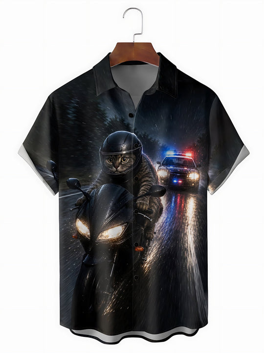 Cat Police Car Print Men's Pocket Short Sleeve Shirts