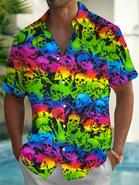 Colorful Skull Print Men's Pocket Short Sleeve Shirts