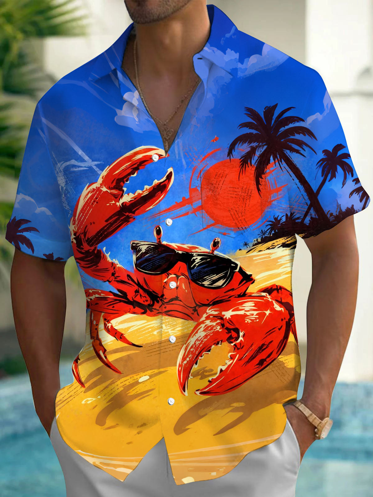Hawaiian Crab Print Men's Pocket Short Sleeve Shirts