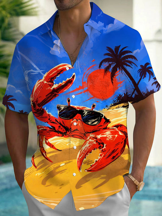 Hawaiian Crab Print Men's Pocket Short Sleeve Shirts