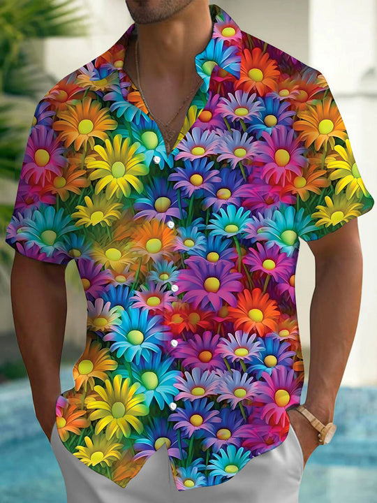 Colorful Flower Print Men's Pocket Short Sleeve Shirts