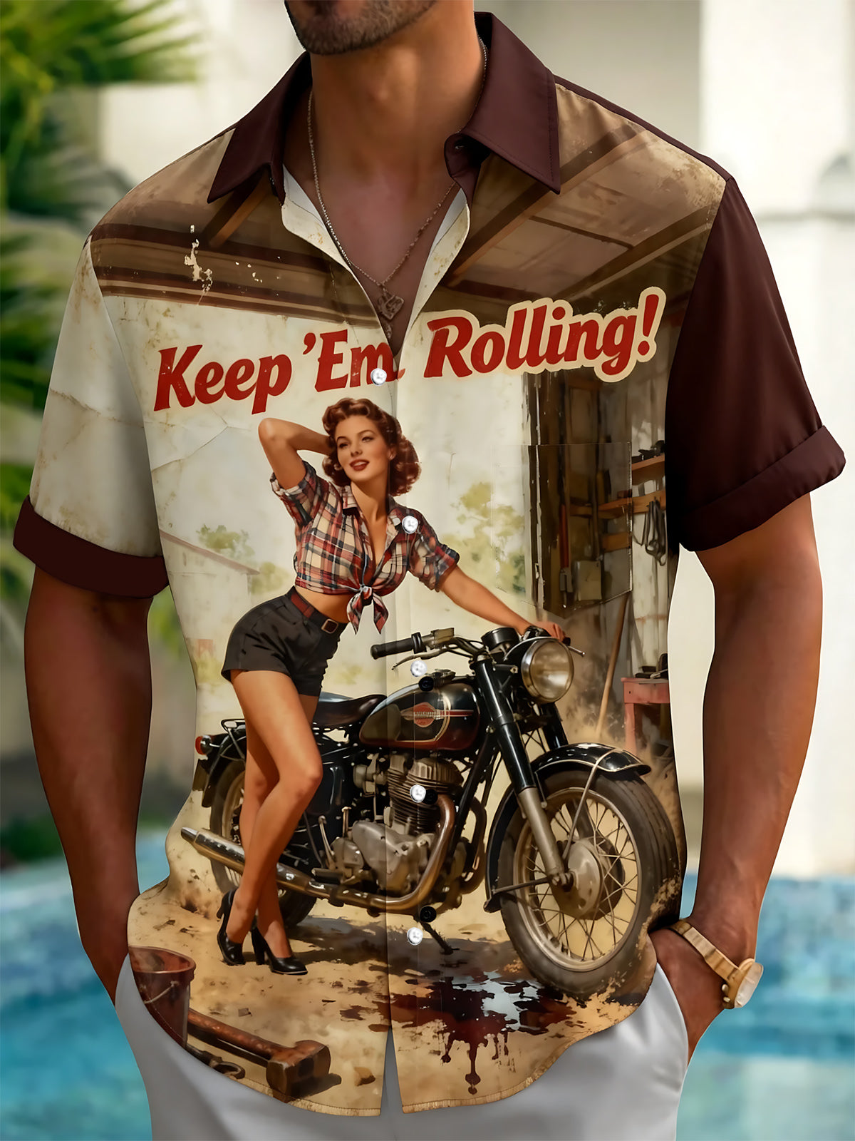 Vintage Female Motorcycle Print Men's Pocket Short Sleeve Shirts