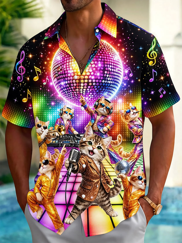 Colorful Cat Disco Print Men's Pocket Short Sleeve Shirts