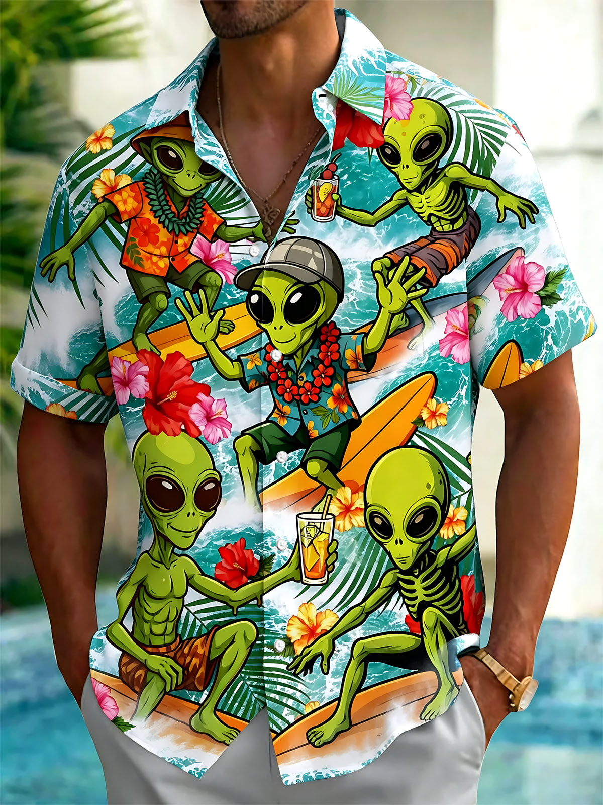 Hawaiian Alien Surfing Print Men's Pocket Short Sleeve Shirts