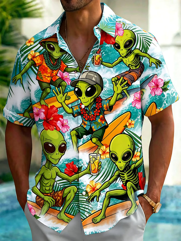 Hawaiian Alien Surfing Print Men's Pocket Short Sleeve Shirts