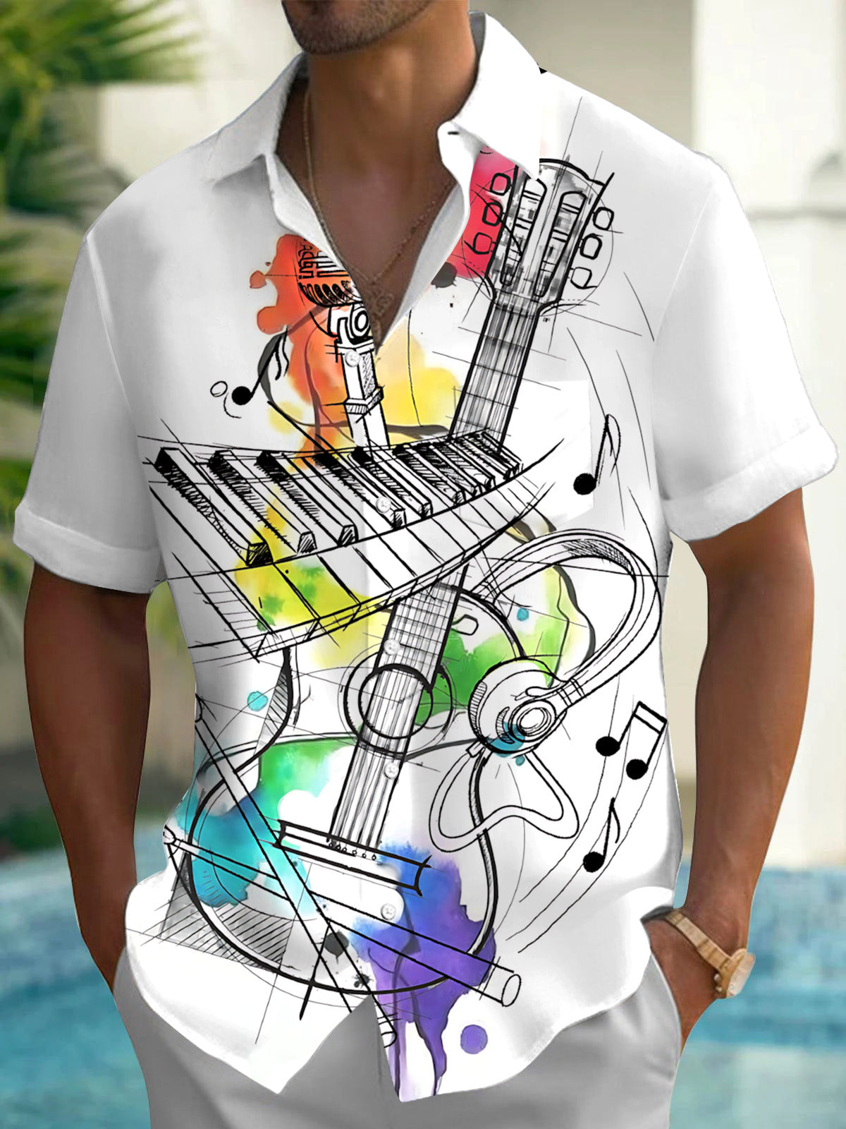 Music Piano Guitar Art Print Men's Pocket Short Sleeve Shirts