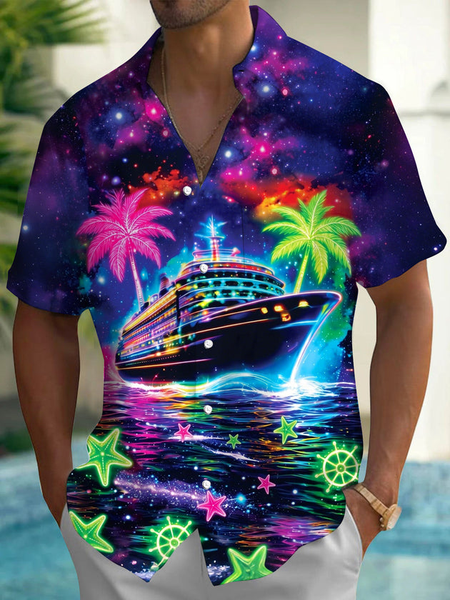 Hawaiian Colorful Neon Cruise Palm Tree Men's Pocket Short Sleeve Shirts