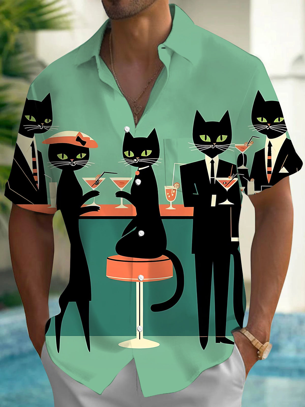 Black Cat Cocktail Art Men's Pocket Short Sleeve Shirts