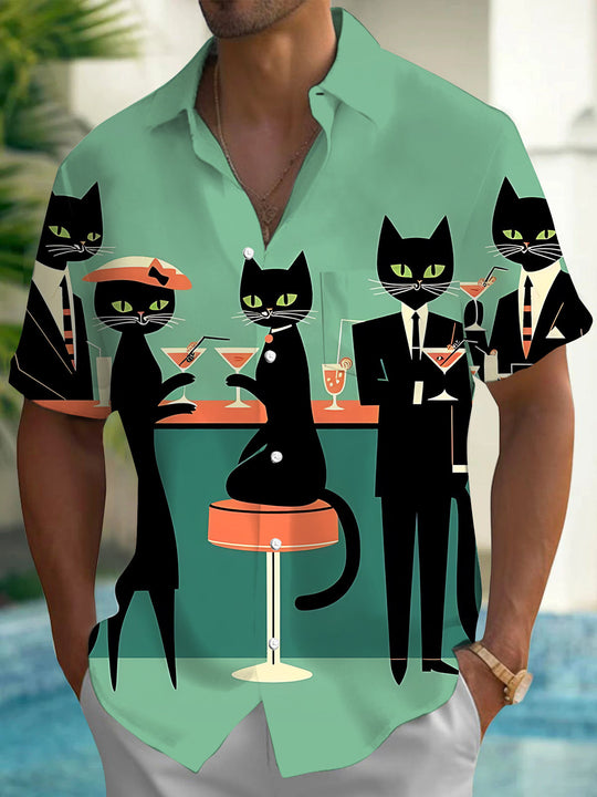 Black Cat Cocktail Art Men's Pocket Short Sleeve Shirts