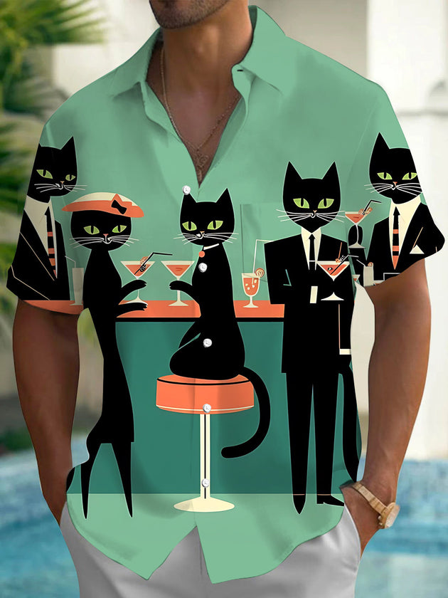Black Cat Cocktail Art Men's Pocket Short Sleeve Shirts