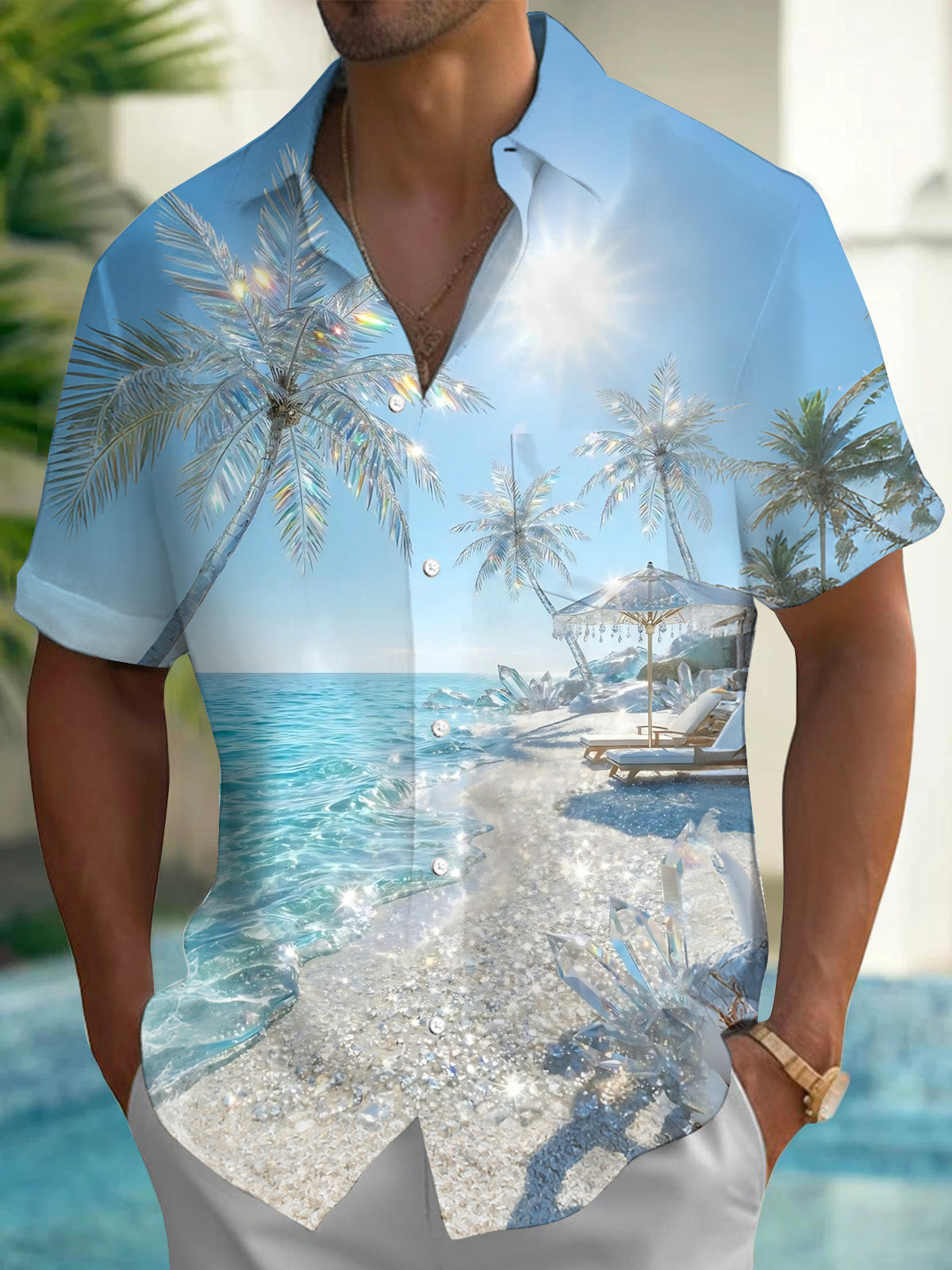 Hawaiian Beach Palm Tree Men's Pocket Short Sleeve Shirts