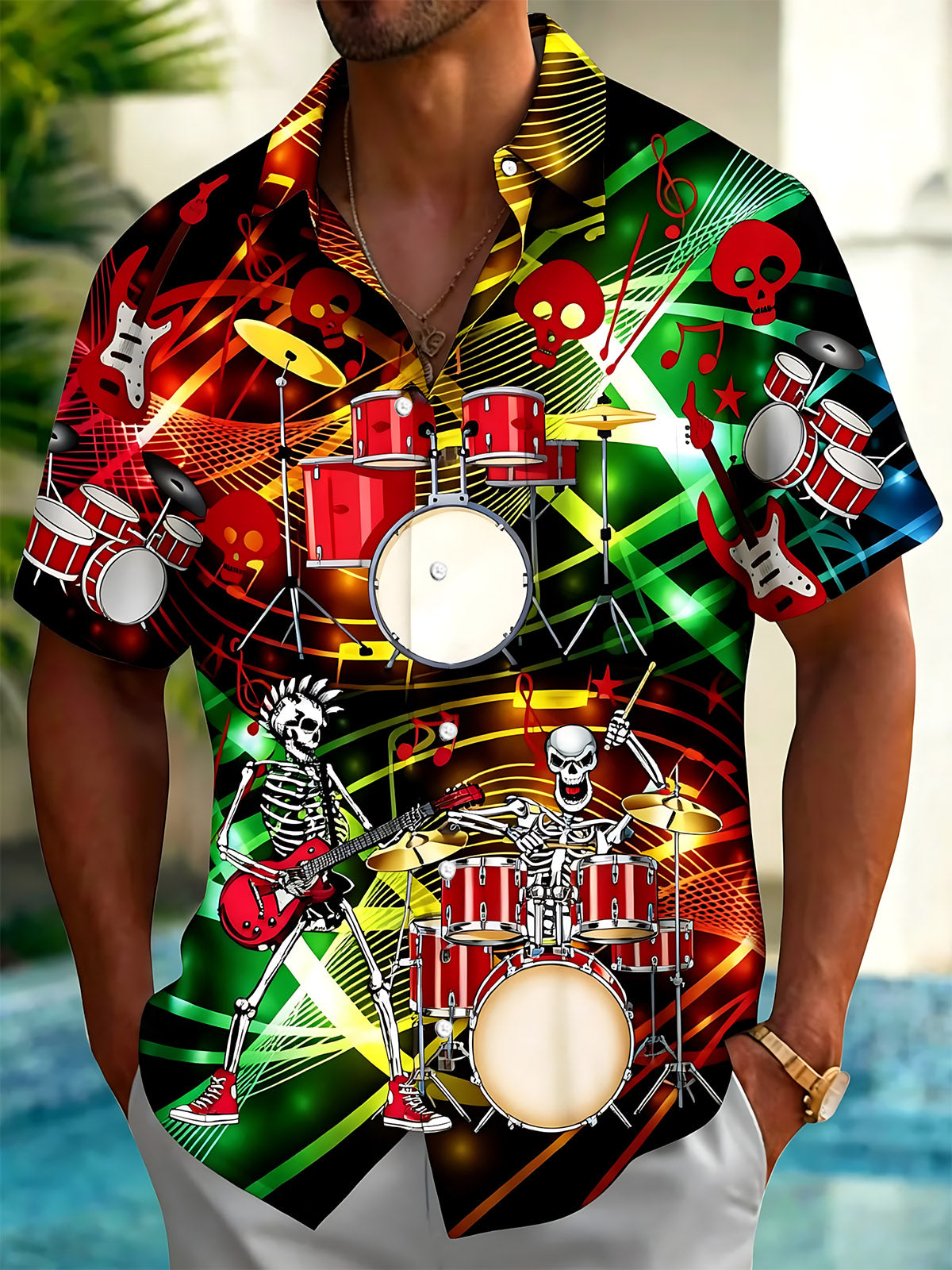 Music Drum Set Skull Men's Pocket Short Sleeve Shirts