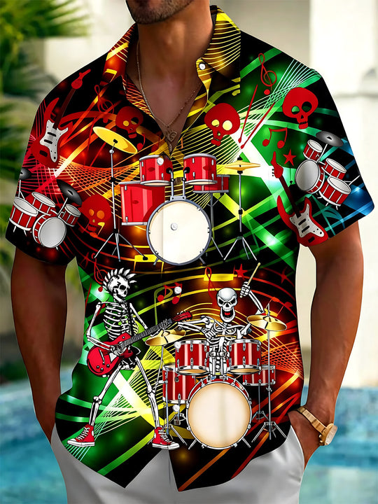 Music Drum Set Skull Men's Pocket Short Sleeve Shirts