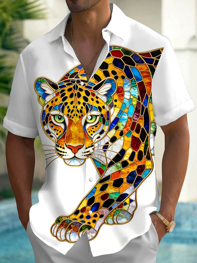 Colorful Glass Geometric Leopard Men's Pocket Short Sleeve Shirts