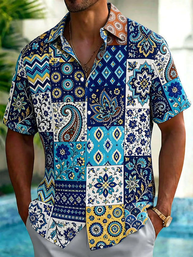 Vintage Ethnic Pattern Men's Pocket Short Sleeve Shirts