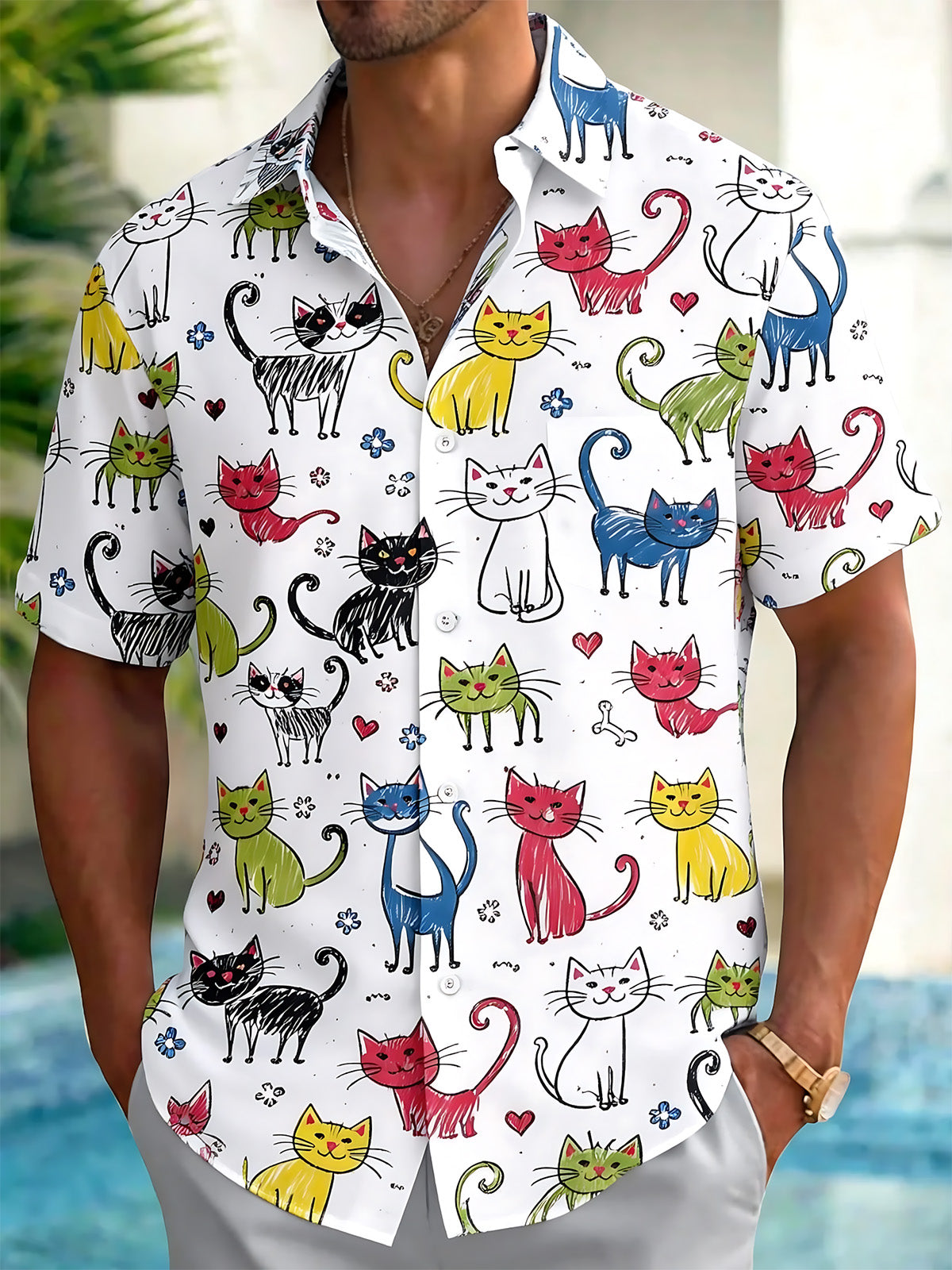 Colorful Funny Cat Men's Pocket Short Sleeve Shirts