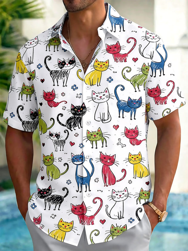 Colorful Funny Cat Men's Pocket Short Sleeve Shirts