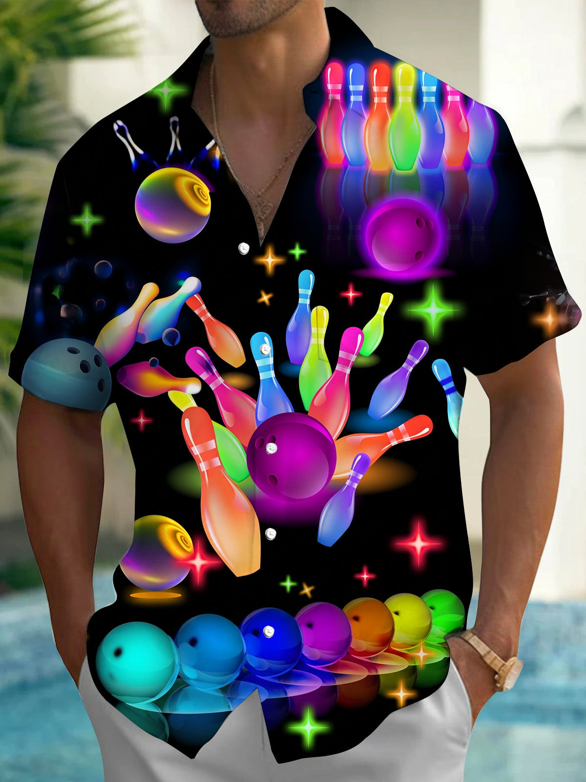 Colorful Bowling Ball Men's Pocket Short Sleeve Shirts