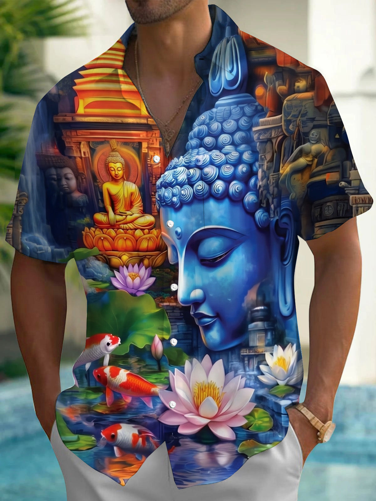 Religious Buddha Flower Men's Pocket Short Sleeve Shirts
