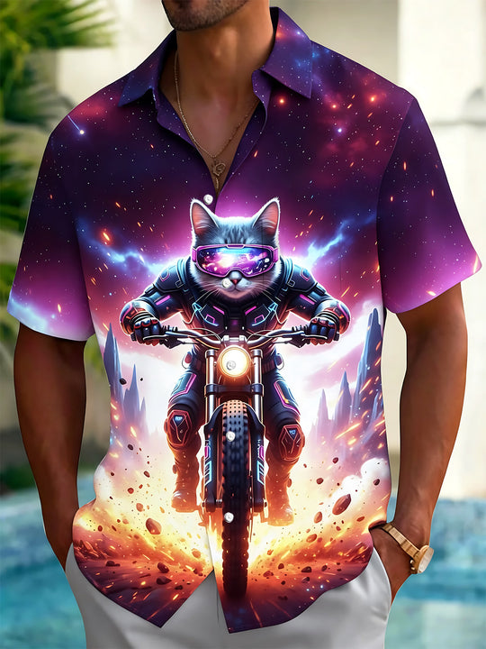 Cyberpunk Motorcycle Cat Print Men's Pocket Short Sleeve Shirts