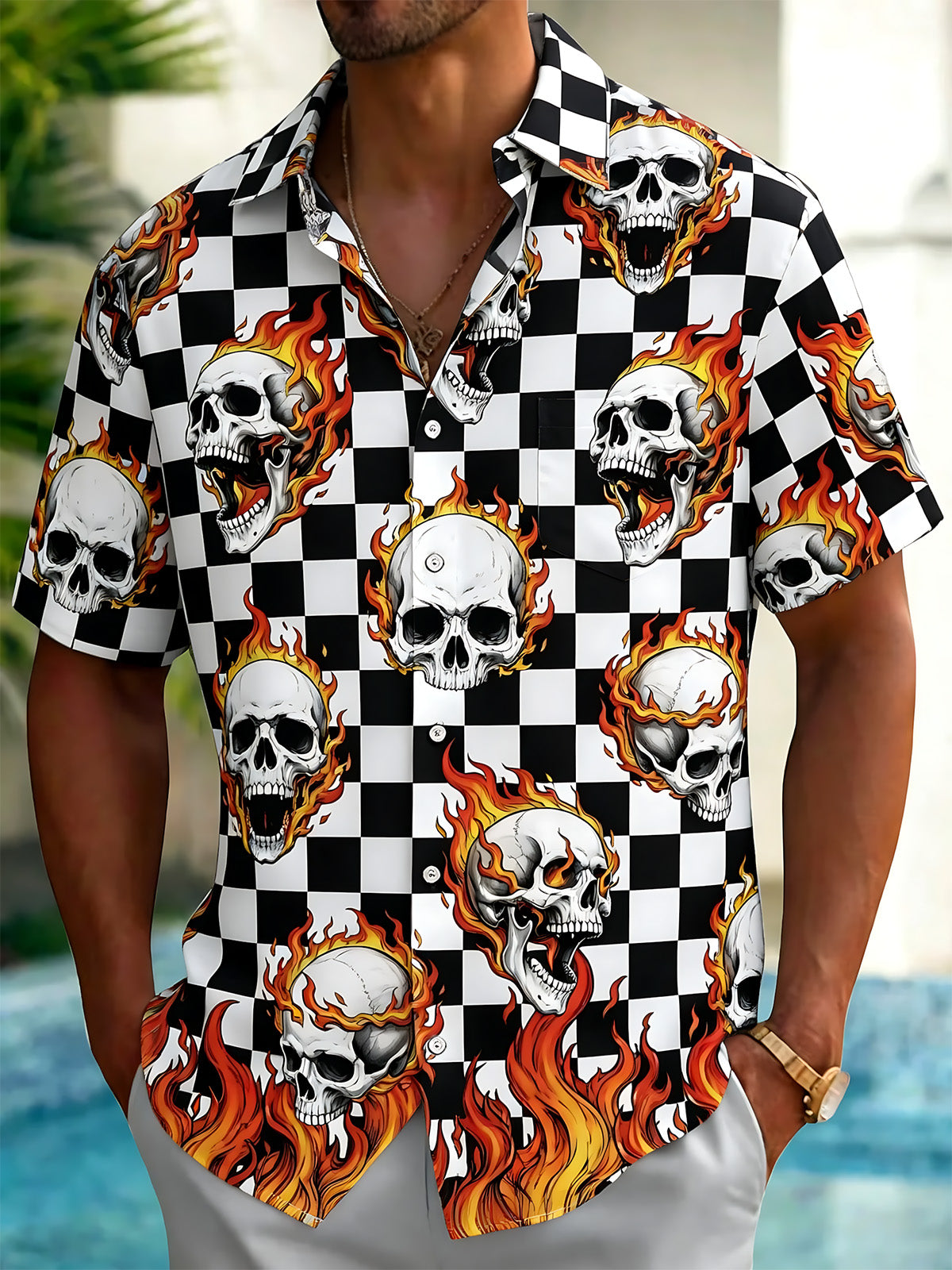 Flame Skull Print Men's Pocket Short Sleeve Shirts