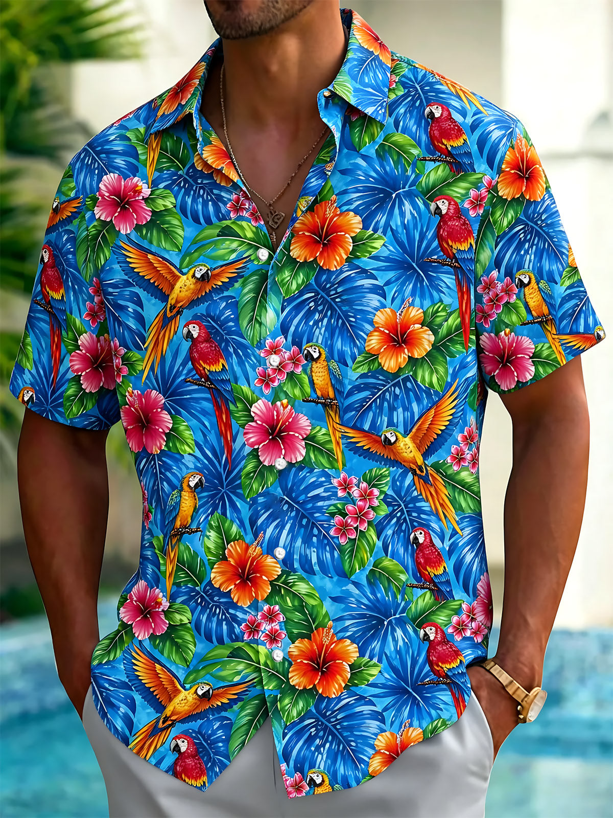 Hawaiian Plant Flower Parrot Print Men's Pocket Short Sleeve Shirts