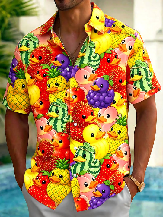 Funny Fruit Duck Print Men's Pocket Short Sleeve Shirts