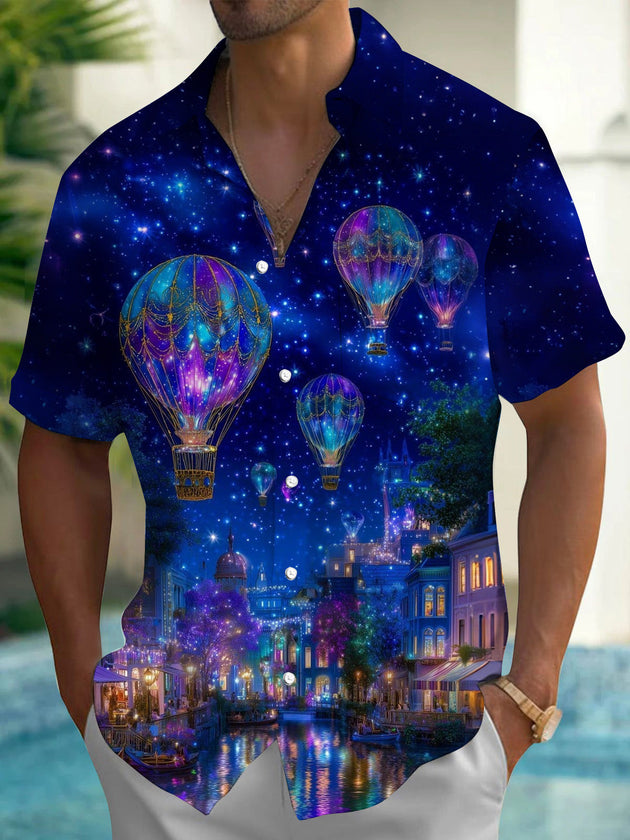 Hot Air Starry Night Sky Print Men's Pocket Short Sleeve Shirts