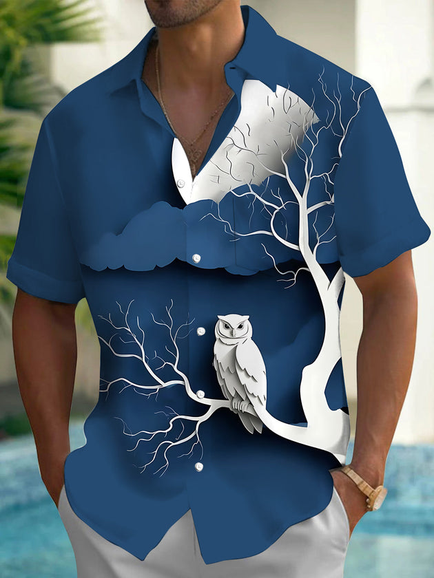 Owl Branch Print Men's Pocket Short Sleeve Shirts