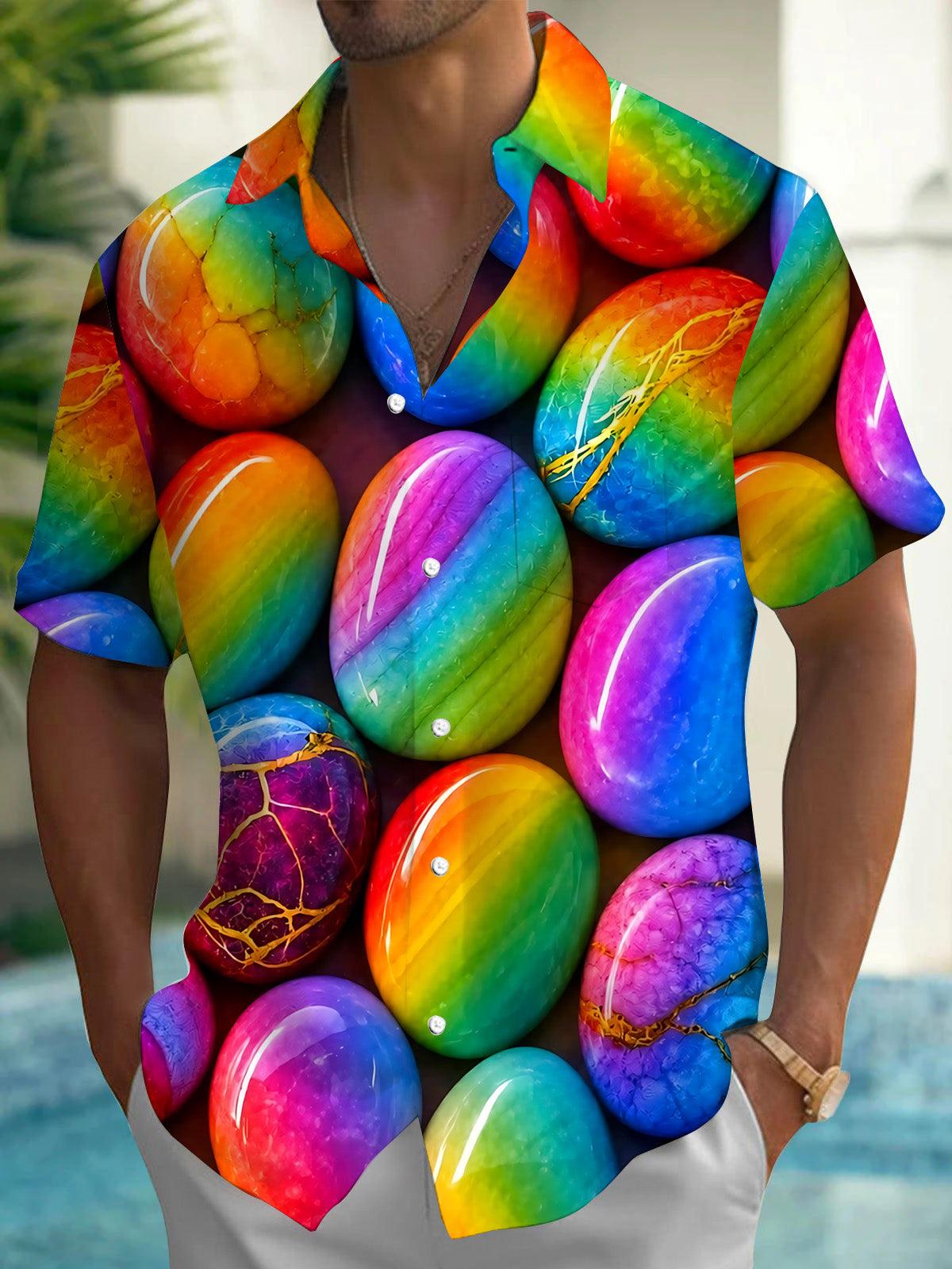 Colorful Pebbles Print Men's Pocket Short Sleeve Shirts