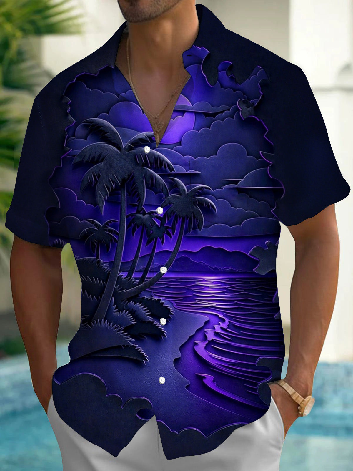 Hawaiian Palm Tree Beach Print Men's Pocket Short Sleeve Shirts