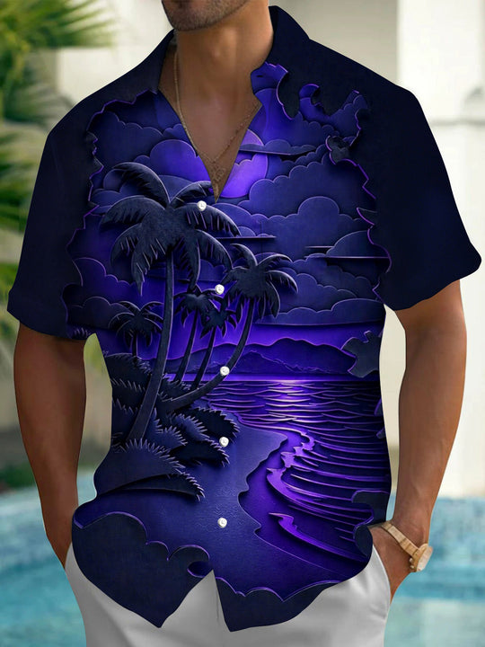 Hawaiian Palm Tree Beach Print Men's Pocket Short Sleeve Shirts
