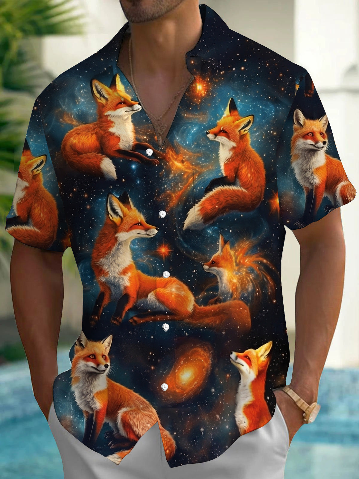 Fox Print Men's Pocket Short Sleeve Shirts