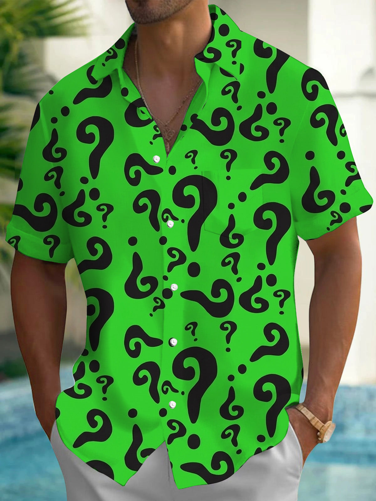 Question Mark Print Men's Pocket Short Sleeve Shirts