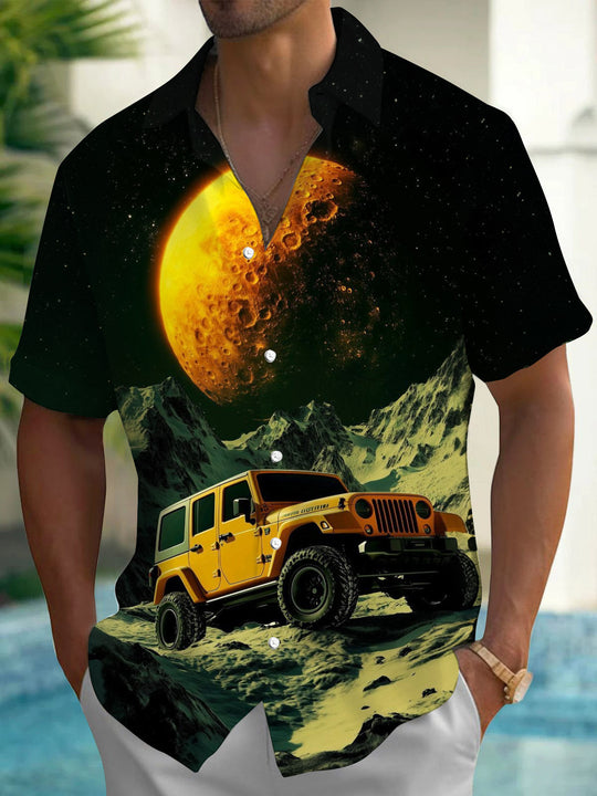 Car Moon Print Men's Pocket Short Sleeve Shirts