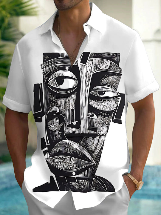 Abstract Face Art Print Men's Pocket Short Sleeve Shirts
