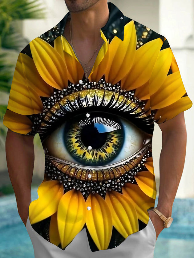 Eye Sunflower Print Men's Pocket Short Sleeve Shirts