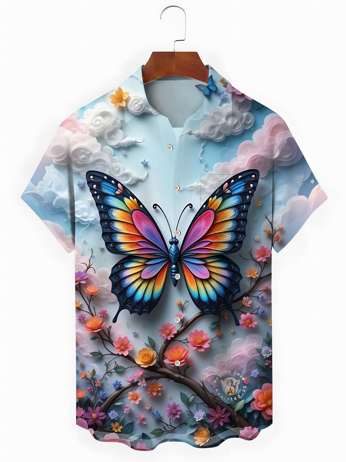 Butterfly Floral Print Men's Pocket Short Sleeve Shirts
