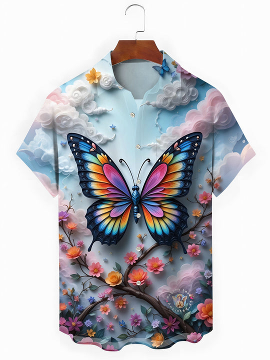 Butterfly Floral Print Men's Pocket Short Sleeve Shirts