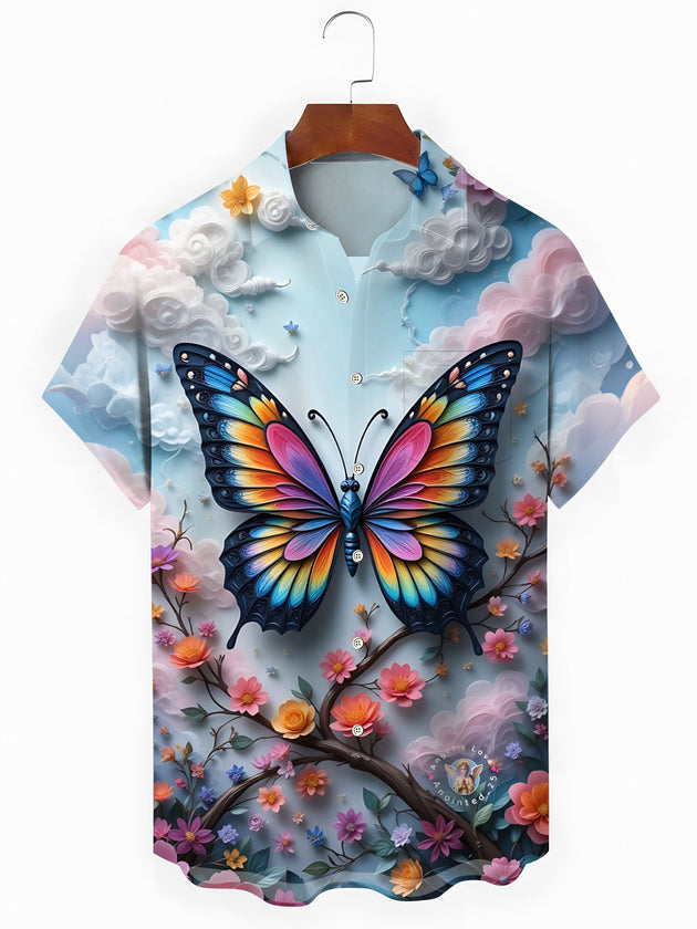 Butterfly Floral Print Men's Pocket Short Sleeve Shirts