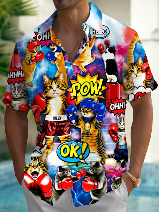 Boxing Cat Print Men's Pocket Short Sleeve Shirts