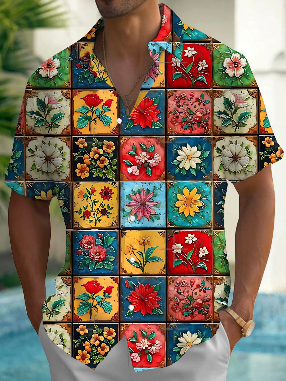 Floral Print Men's Pocket Short Sleeve Shirts