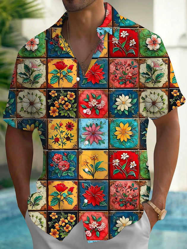 Floral Print Men's Pocket Short Sleeve Shirts