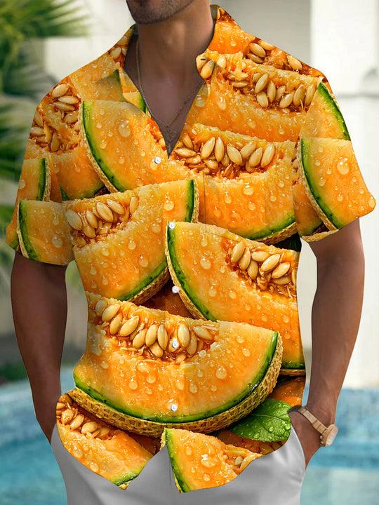 Cantaloupe Print Men's Pocket Short Sleeve Shirts