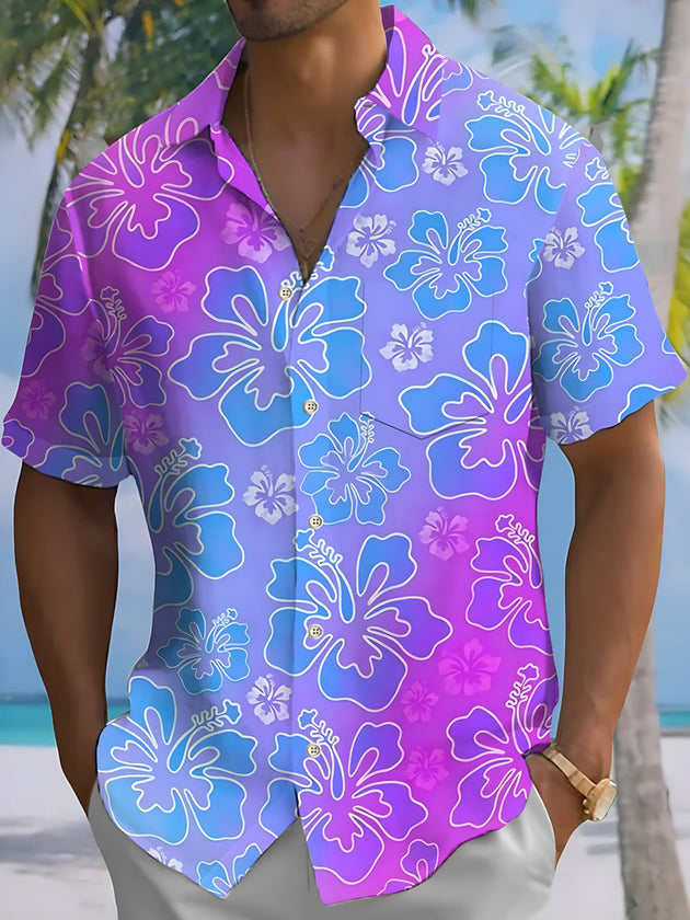 Gradient Floral Print Men's Pocket Short Sleeve Shirts
