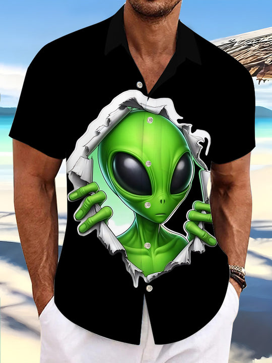 Alien Print Men's Pocket Short Sleeve Shirts