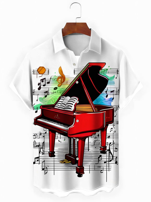 Piano Note Print Men's Pocket Short Sleeve Shirts