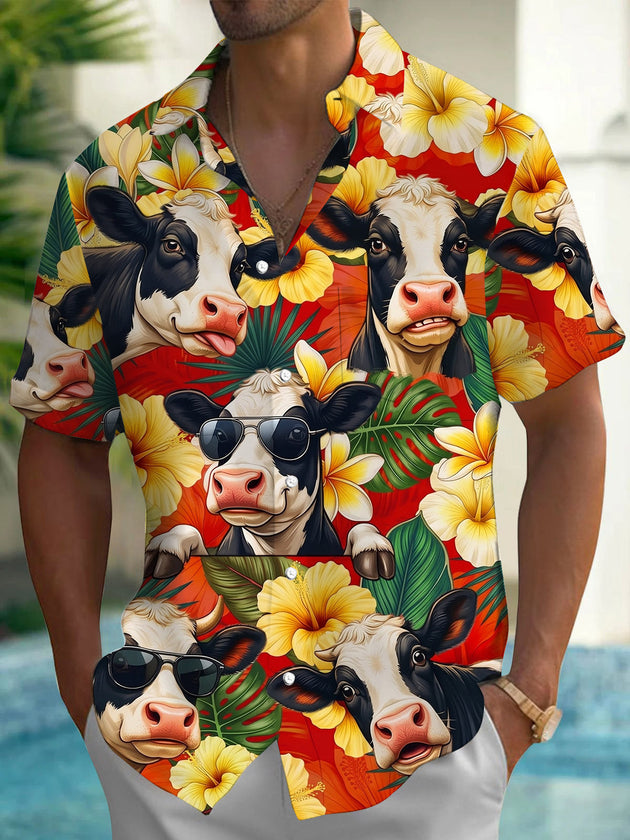 Cow Flower Print Men's Pocket Short Sleeve Shirts